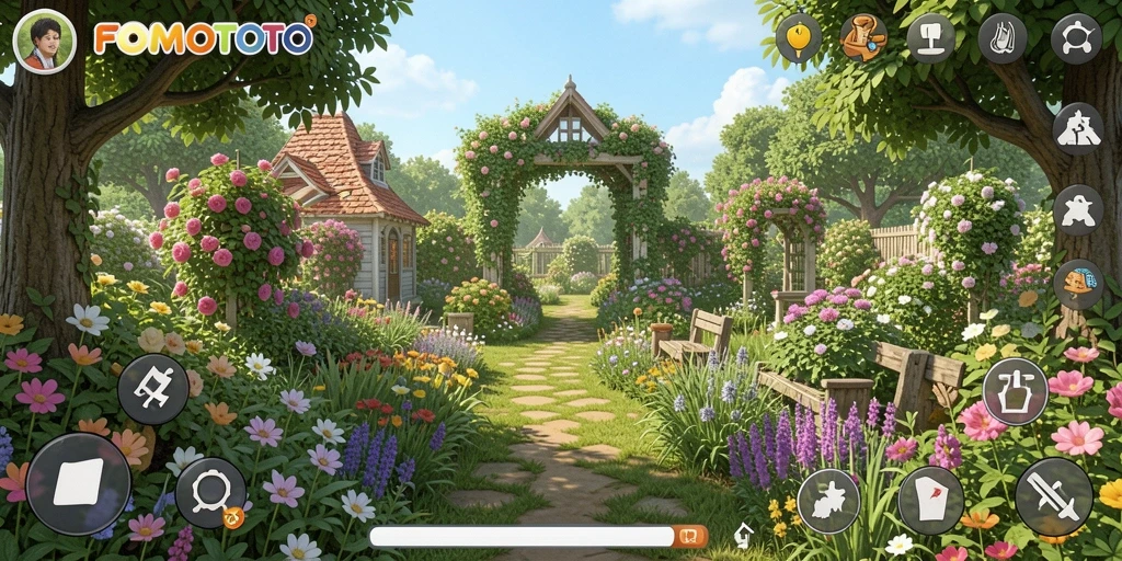 Gameplay menarik FOMOTOTO dengan taman yang indah dan hewan peliharaan.