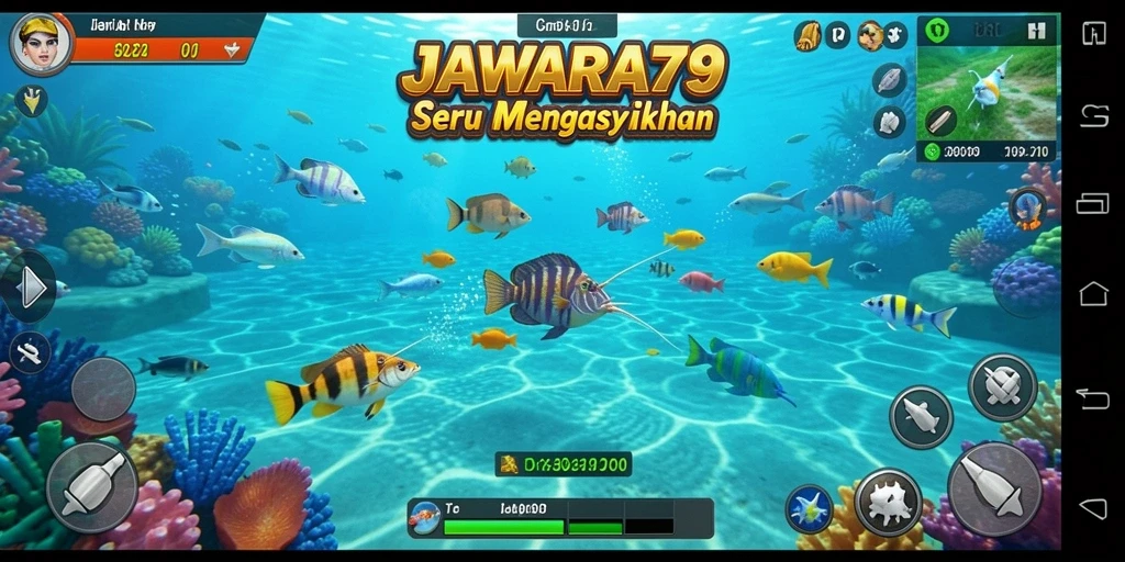 Screenshot utama JAWARA79 menampilkan gameplay Tembak Ikan yang menarik.