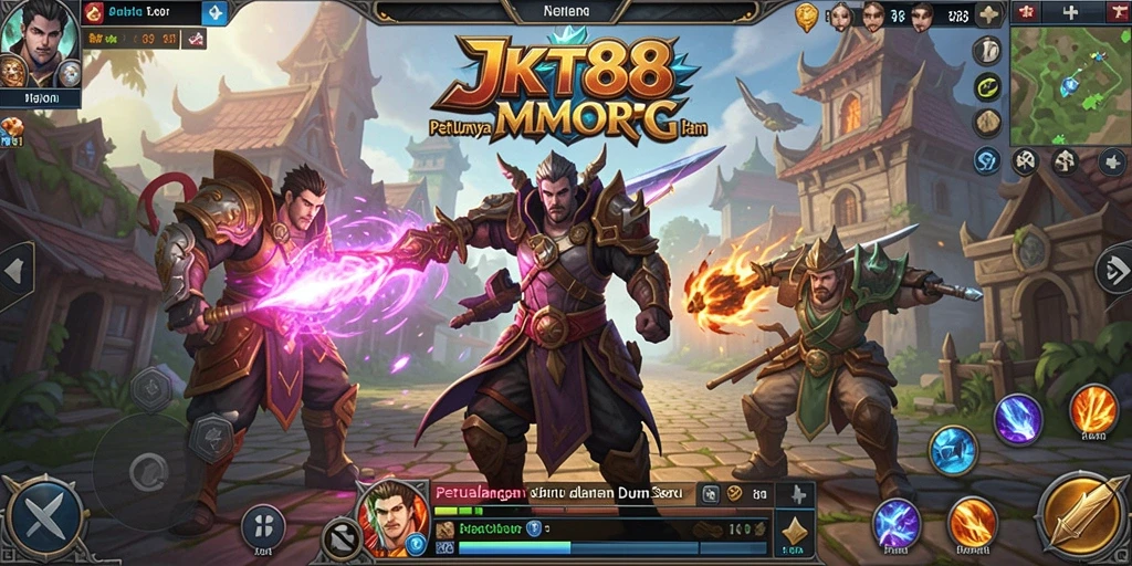 Screenshot gameplay JKT88 yang menampilkan pertempuran epik antara pemain dan monster.