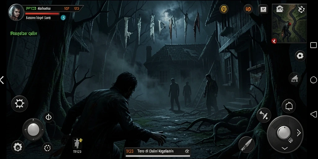 Screenshot gameplay menampilkan suasana menyeramkan di dalam rumah berhantu.