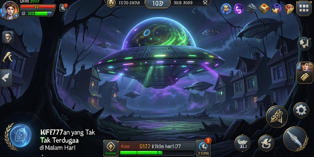Screenshot menunjukkan suasana kegelapan dan ketegangan dalam UFO777.