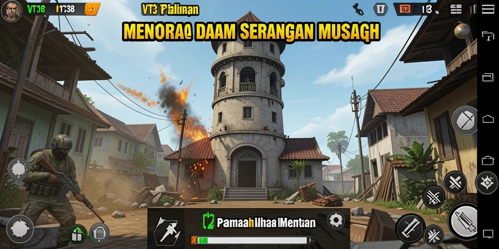 Tangkapan layar utama VT38 menunjukkan serangan musuh dan pertahanan menara yang intens.